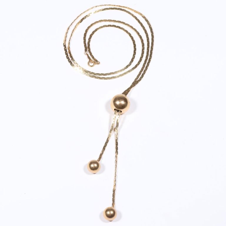 14k yellow gold lariat necklace with three hollow gold beads