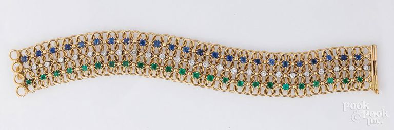 18k yellow gold diamond, emerald and sapphire bracelet