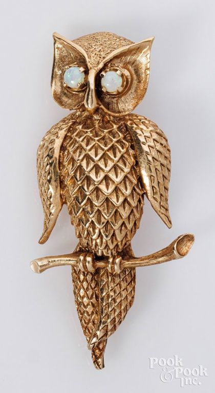 14k gold opal owl brooch