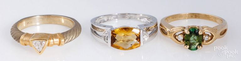18k gold diamond ring; 14k white gold citrine ring; 14k yellow gold tourmaline ring