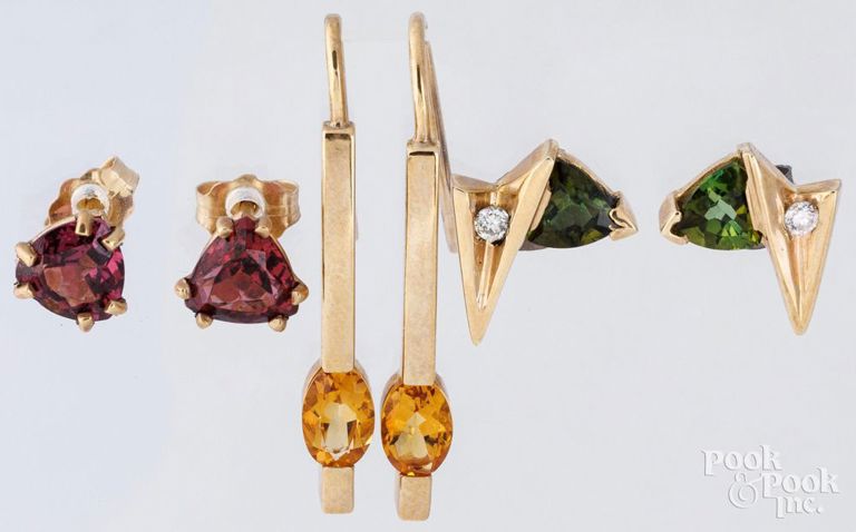Three pairs of 14k yellow gold earrings