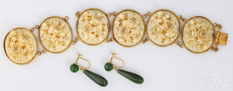 14k yellow gold and bone bracelet and 14k yellow gold jade earrings