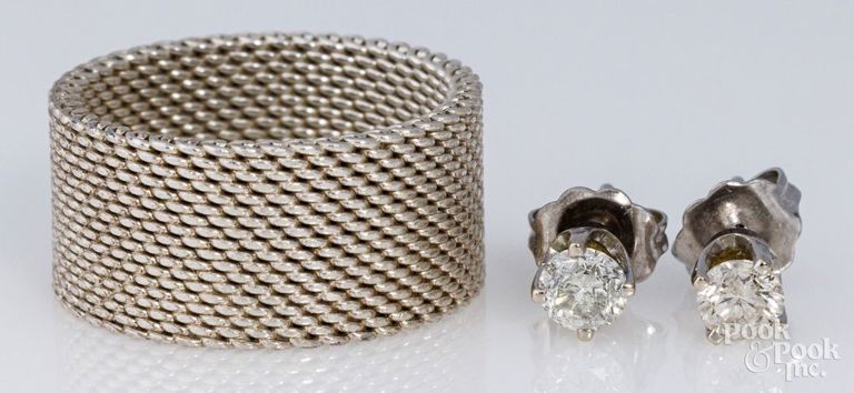 14k white gold diamond earrings and sterling silver ring
