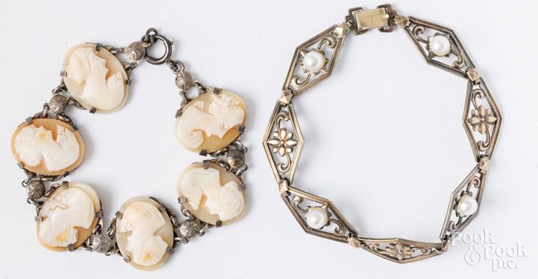 Sterling silver and 14k gold pearl bracelet and sterling silver cameo bracelet