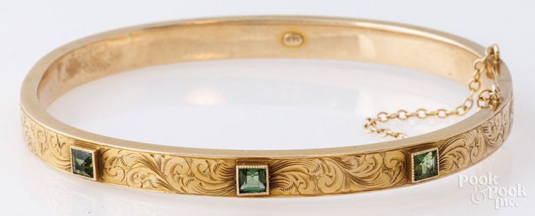 14k gold green tourmalines bangle