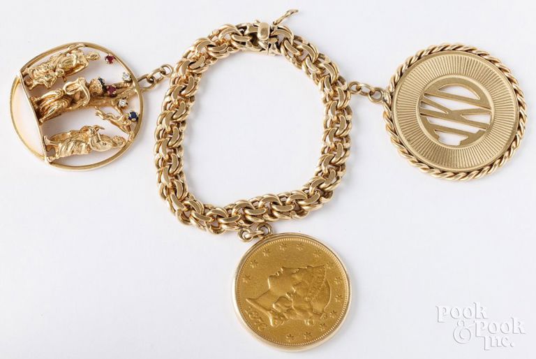 14k yellow gold diamond, sapphire and ruby charm bracelet