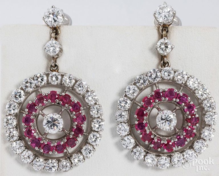 14k white gold diamond and ruby earrings