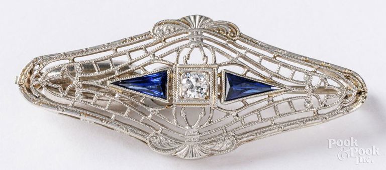 14k white gold diamond and synthetic sapphire brooch