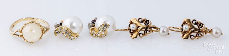 14k yellow gold pearl ring and pearl earrings, and costume pearl earrings