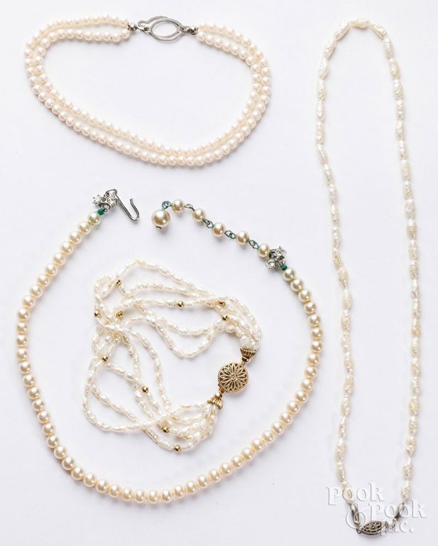 Sterling silver pearl bracelet and necklace, and costume pearl bracelet
