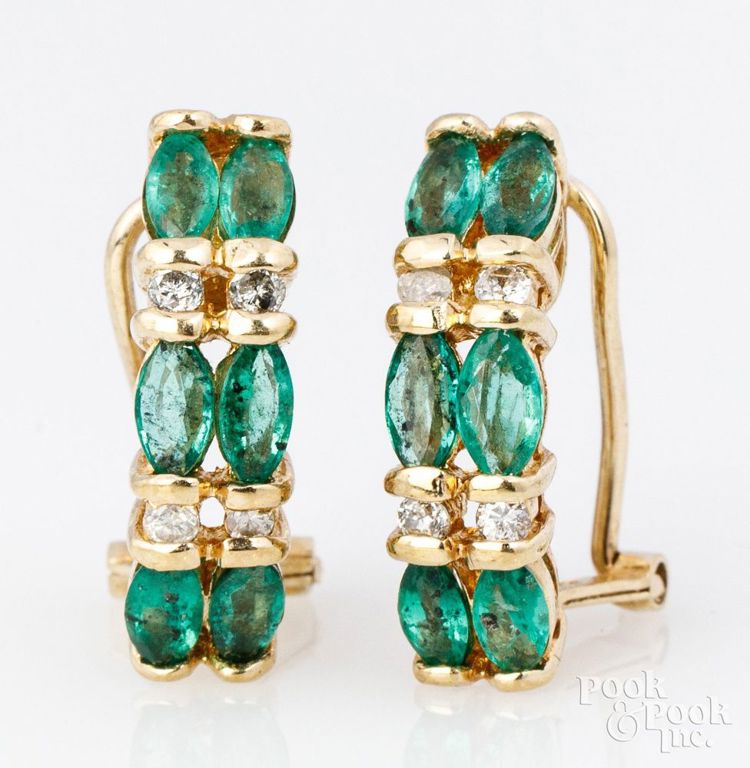 14k yellow gold synthetic emerald and diamond earrings
