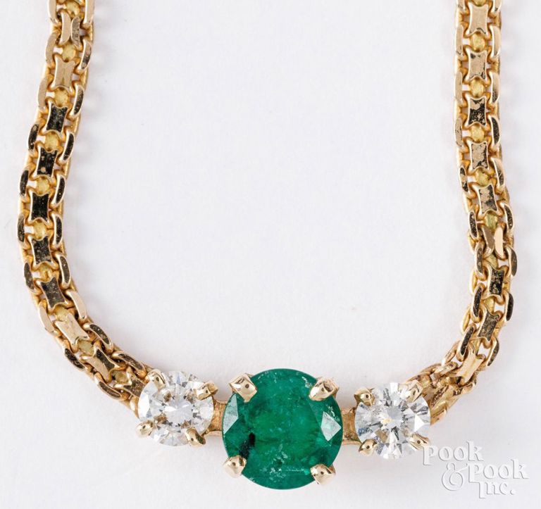 14k yellow gold synthetic emerald and diamond necklace