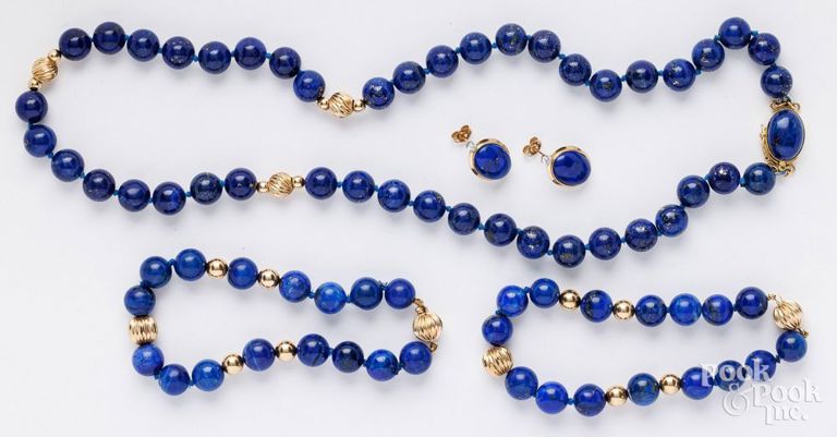 14k yellow gold and lapis necklace, earrings and two bracelets