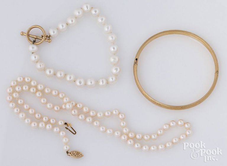 14k yellow gold bangle, pearl necklace and pearl bracelet