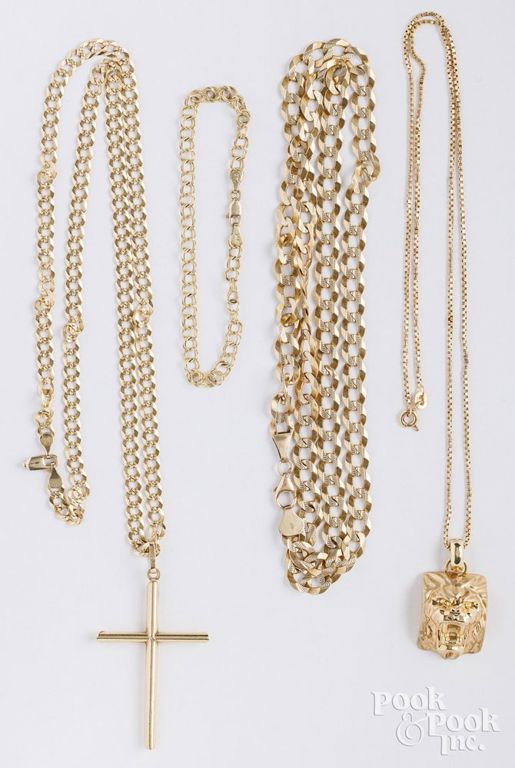 Three 14k yellow gold chains and 10k yellow gold necklace