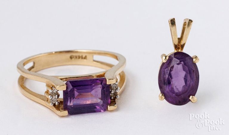 14k yellow gold amethyst and diamond ring, and amethyst pendant