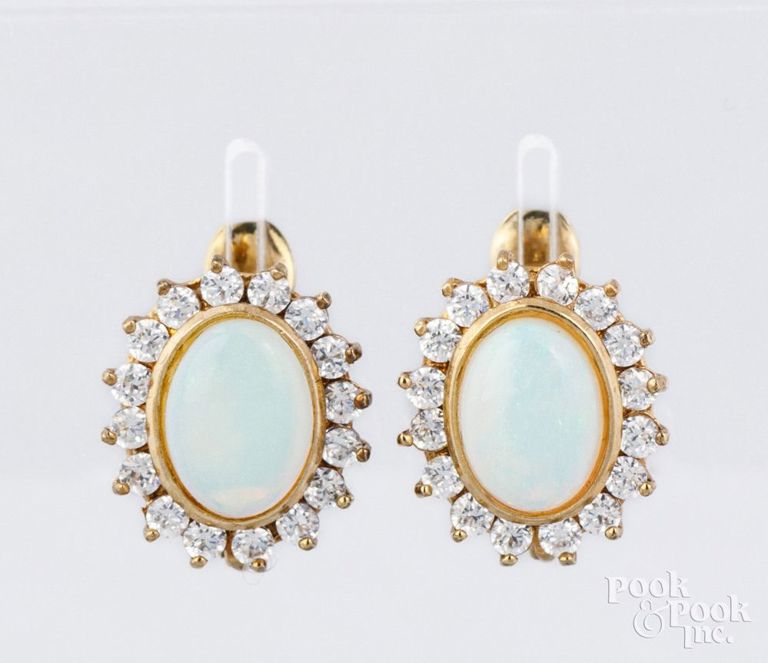 14k yellow gold opals and cubic zirconia earrings