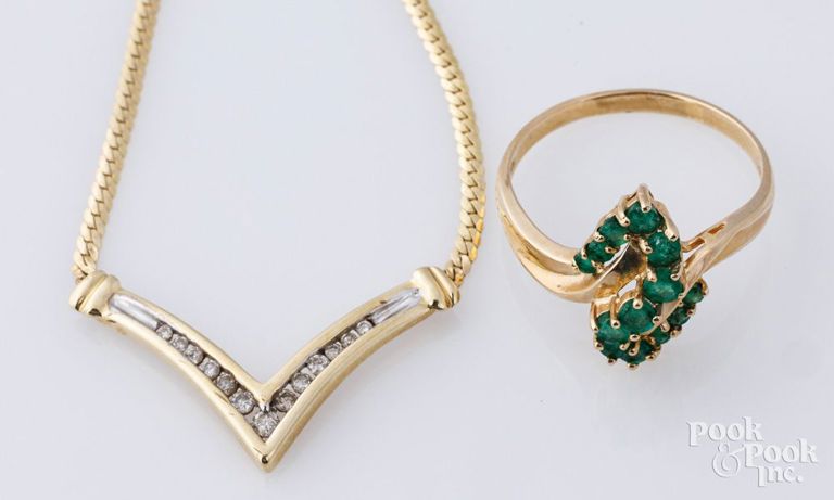 14k yellow gold diamond necklace and emerald ring