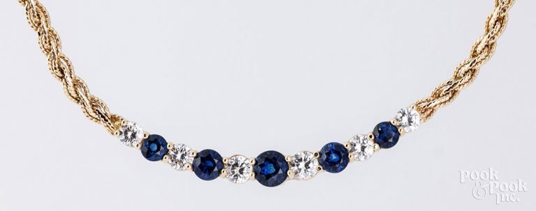 14k yellow gold blue sapphires and diamonds necklace