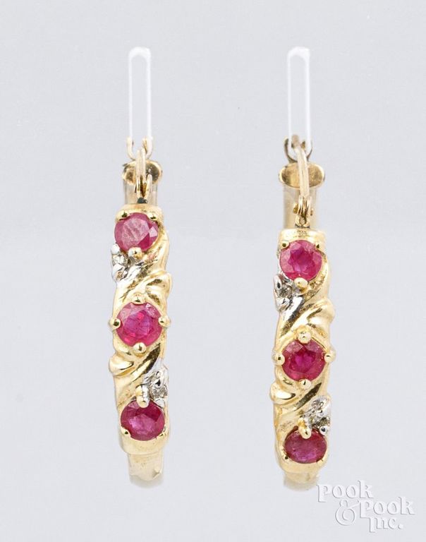 14k yellow gold ruby and diamond hoop earrings