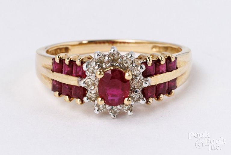 14k yellow gold synthetic ruby and diamond ring