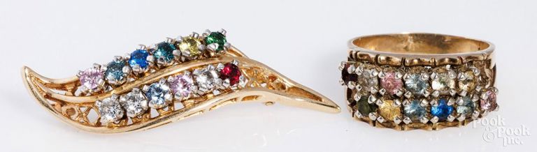 14k yellow gold brooch and 10k yellow gold ring