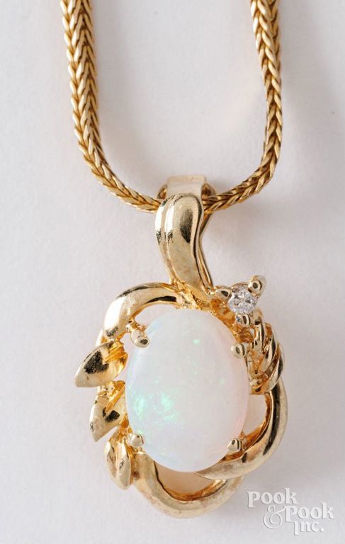 14k yellow gold necklace with 14k gold opal and diamond pendant