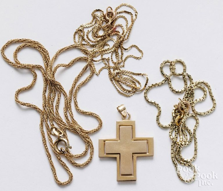 Three 14k yellow gold chain and 10k gold cross pendant
