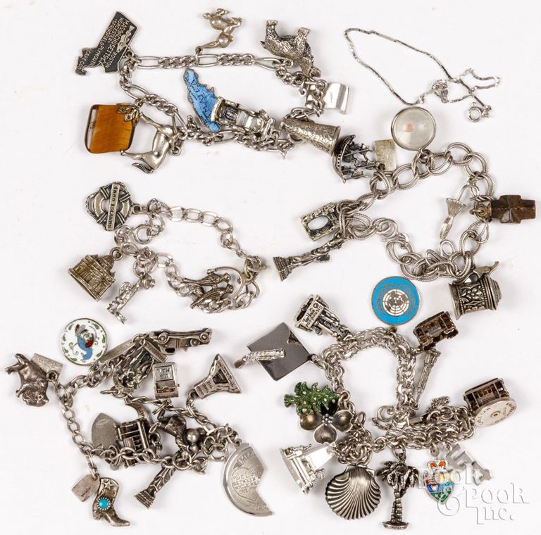 Five silver charm bracelets and sterling silver bracelet