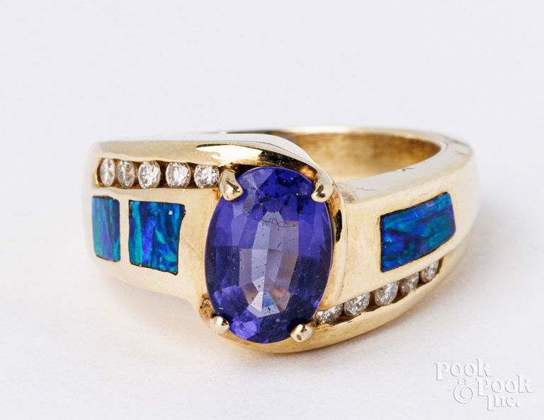 14k yellow gold tanzanite, opal and diamond ring