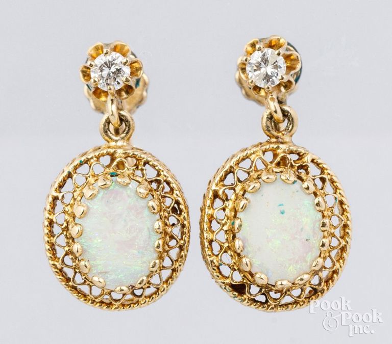 14k yellow gold opals and diamond earrings