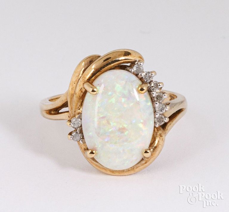 10k yellow gold opal and diamond ring