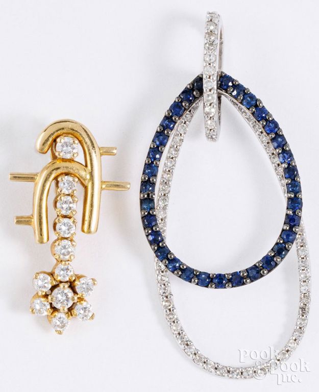 18k gold diamond pendant and 14k gold diamond and sapphire pendant