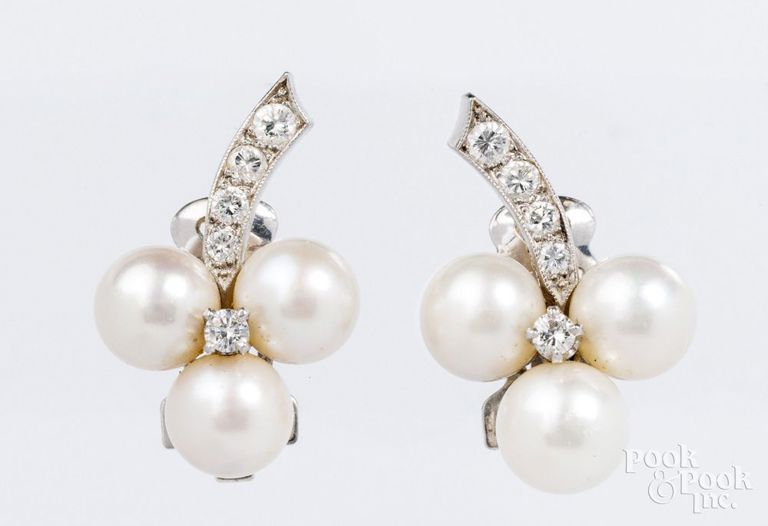 Platinum pearl and diamond earrings
