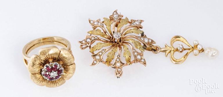 14k gold diamond brooch and 18k gold diamond and ruby ring