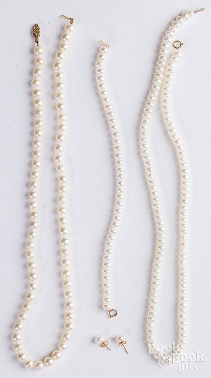 Cultured pearl necklace and matching necklace, bracelet, and earrings