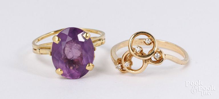 18k yellow gold amethyst ring and 14k yellow gold diamond ring