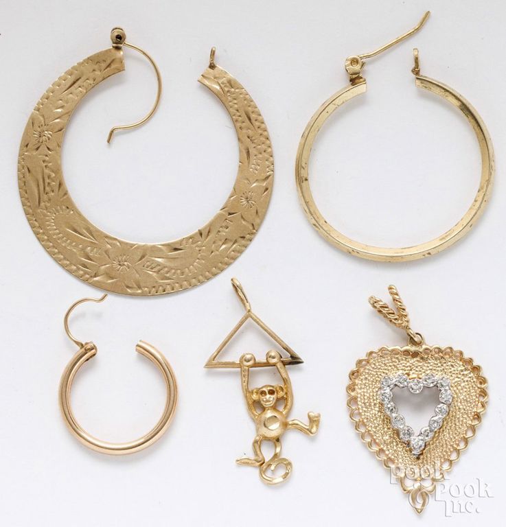 14k yellow gold diamond pendant and 14k gold earrings