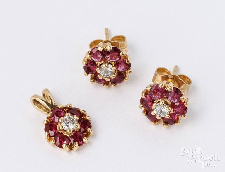 14k yellow gold ruby earrings and matching pendant