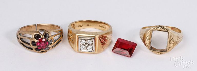14k yellow gold ring and two 10k gold rings