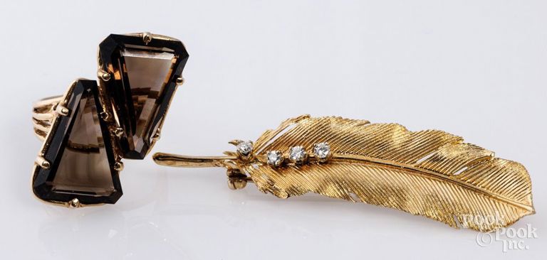 14k yellow gold quartz ring and 14k yellow gold diamond brooch