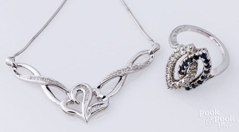 14k white gold diamond and sapphire ring, and silver diamond necklace