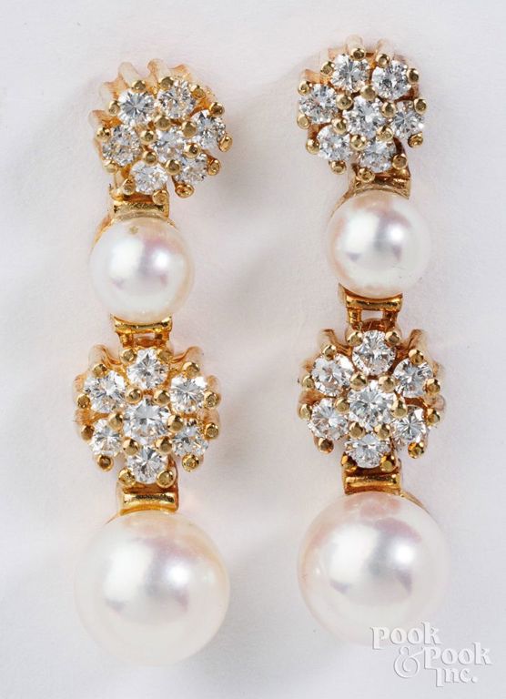 14k yellow gold diamond and cultured pearl earrings
