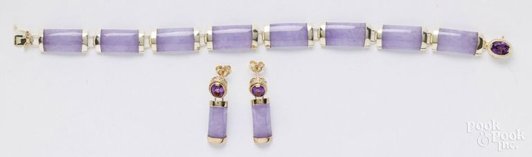14k yellow gold amethyst and jade bracelet with matching earrings