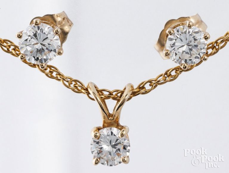 14k yellow gold diamond pendant on gold-filled chain, and matching earrings