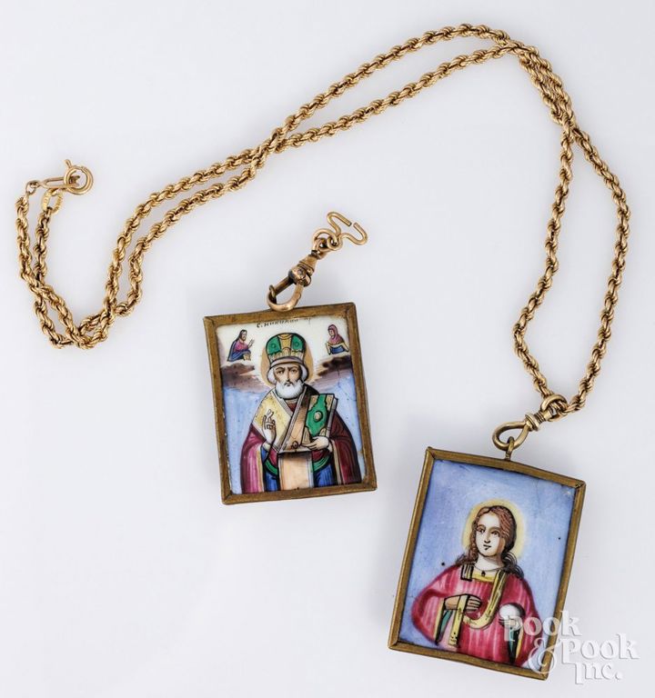 14k yellow gold rope chain with two religious pendants