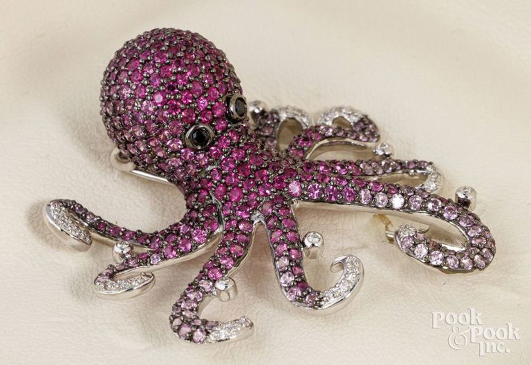 18k white gold sapphire, quartz and diamond octopus brooch