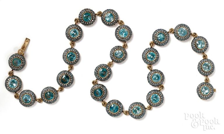 18k yellow gold zircon, diamond and blue stones necklace