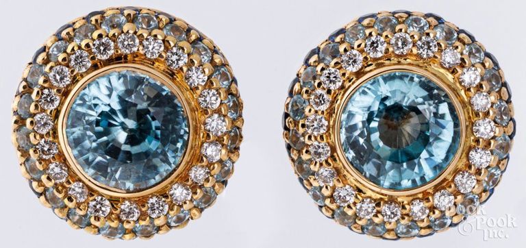 18k yellow gold zircon, diamond and blue stones earrings