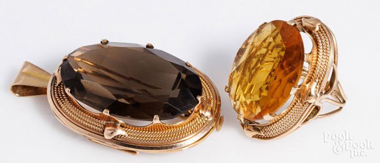 14k gold smokey quartz brooch and 14k gold glass stone ring
